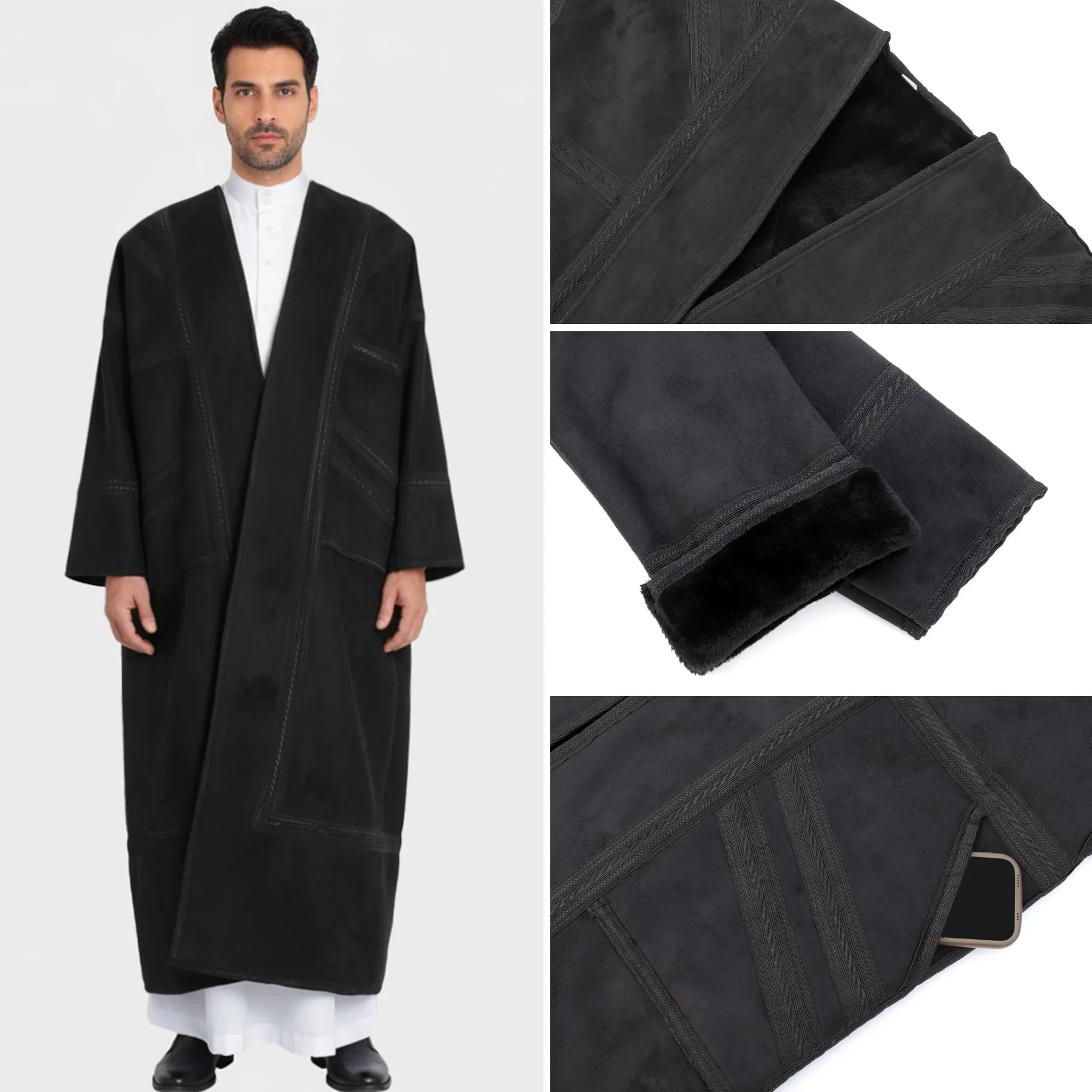Thick Fleece Lined Suede Men Open Abaya Jubba Thobe Winter Kimono Coat Muslim Long Cardigan Robe Pockets Kaftan Daffah Dishdasha