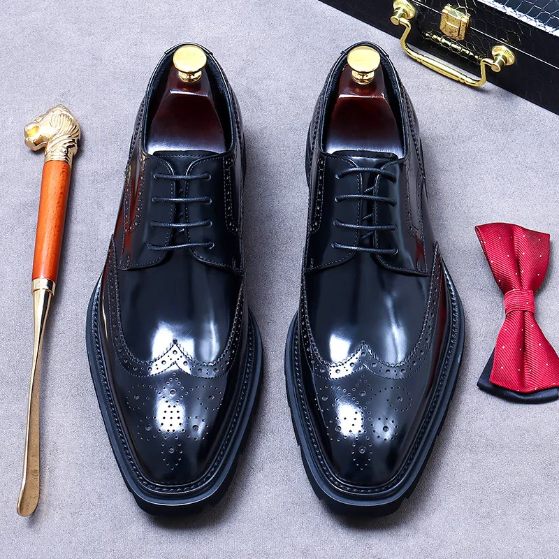 Size 38 To 46 Classic Italian Genuine Leather Men\'s Dress Shoes Black Lace-up Wingtip Oxfords Business Wedding Brogue Suit Shoes