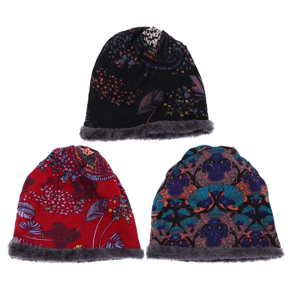 

Autumn Winter Cap Print Flower Plus Velvet Warmer Multifunctional Beanie Women Hat Velvet Bonnet Bib Hats