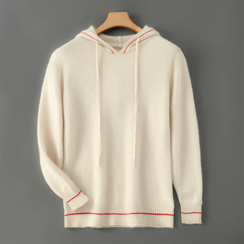 

Мужской свитер из 100% мериносовой шерсти с капюшоном, вязаный пуловер, толстовка, повседневная одежда для весны/осени, спортивная одежда с длинными рукавами