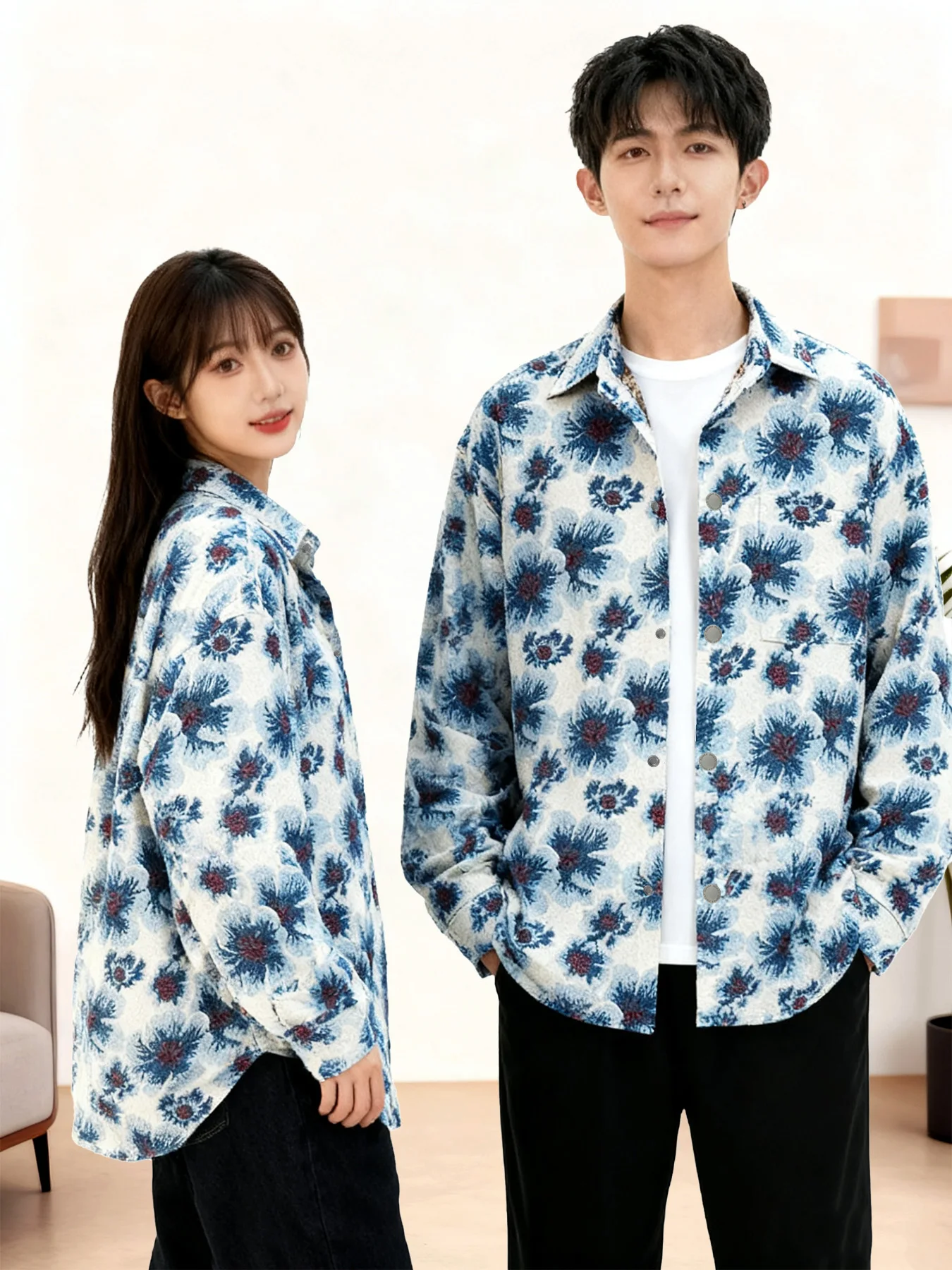 

Men's Jacket with Ethnic-Style Floral Jacquard, Turn-Down Collar, Stylish and Unique, Casual Commuter Coat