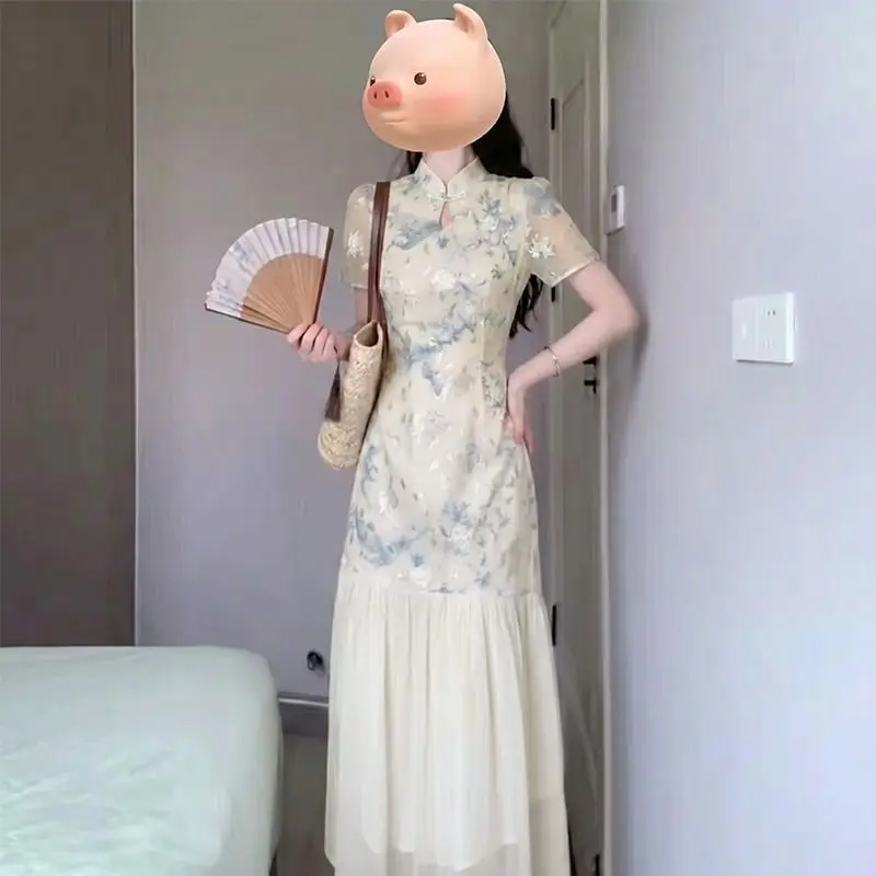New Chinese Blue Floral Qipao Maxi Dress  Mesh Print Ruffle Hem Split Slim Improved Cheongsam Wedding Guest Vestidos