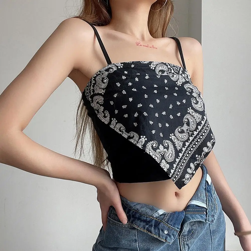 2024 Summer Sling Vest Printing Cute Crop Tops For Women Square Collar Sleeveless Retro Printing Camisole Slim Fit Women T-shirt