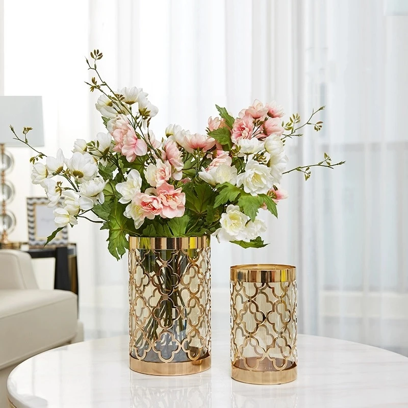 

Modern Cutout Metal Glass Vases Home Decorative Tabletop Pieces