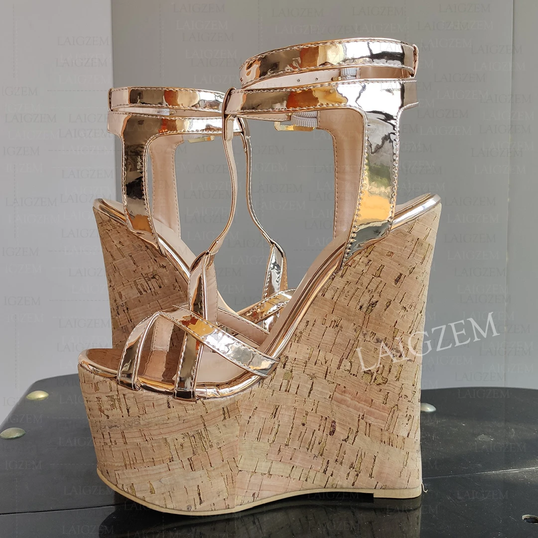 SEIIHEM Women Sandals Platform Open Toe Wedges 17CM High Heels Ankle Straps Metallic Shiny Shoes Woman Plus Size 39 42 44 45 48