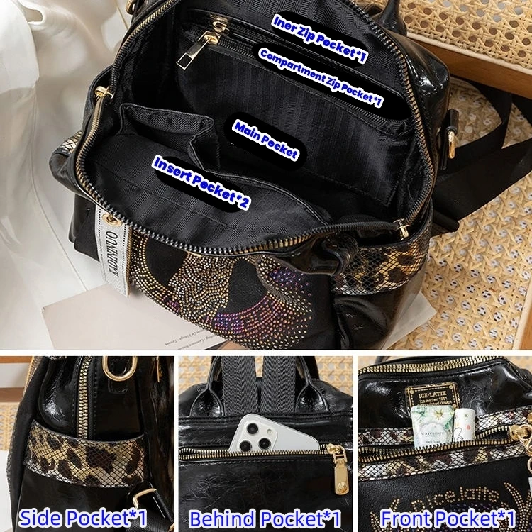 Rhinestone Glitter Large Capacity Backpack - Leopard Print Crossbody Bag,Anti-Theft Travel Bag For Women, Stylish Schoolbag