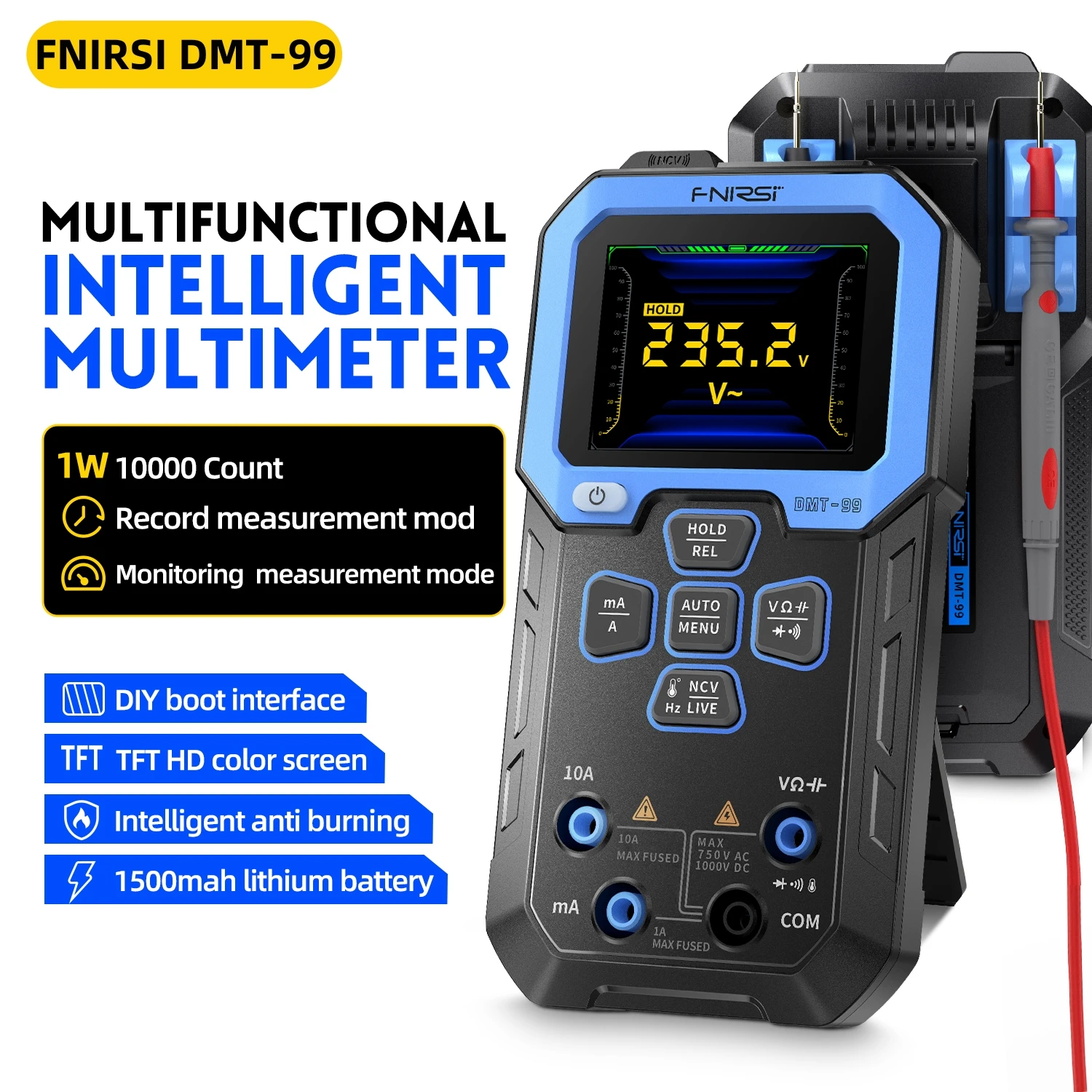 FNIRSI-multímetro Digital DMT-99, valores eficaces verdaderos, resistencia de 10000 recuentos, frecuencia de capacitancia, temperatura, corriente, voltaje, probador NCV