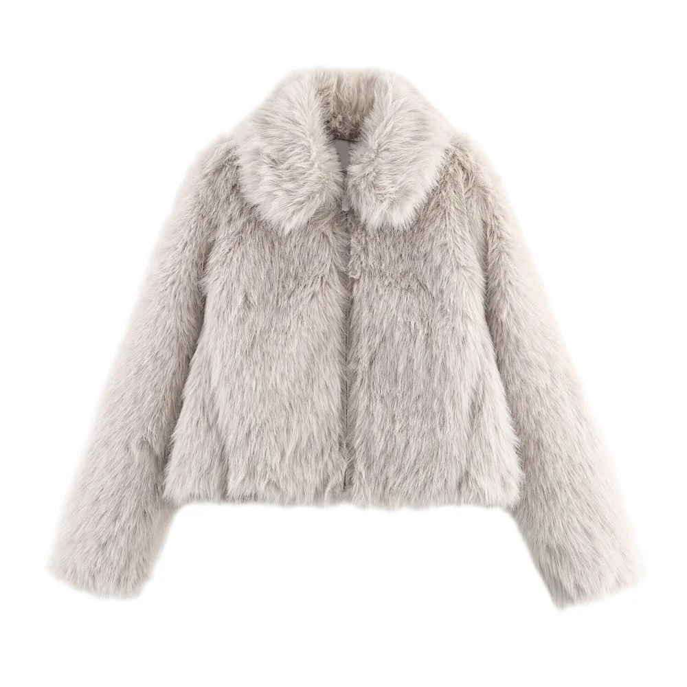 

New autumn and winter women's casual versatile lapel long sleeved faux fur effect zipper short style slimming fur jacket