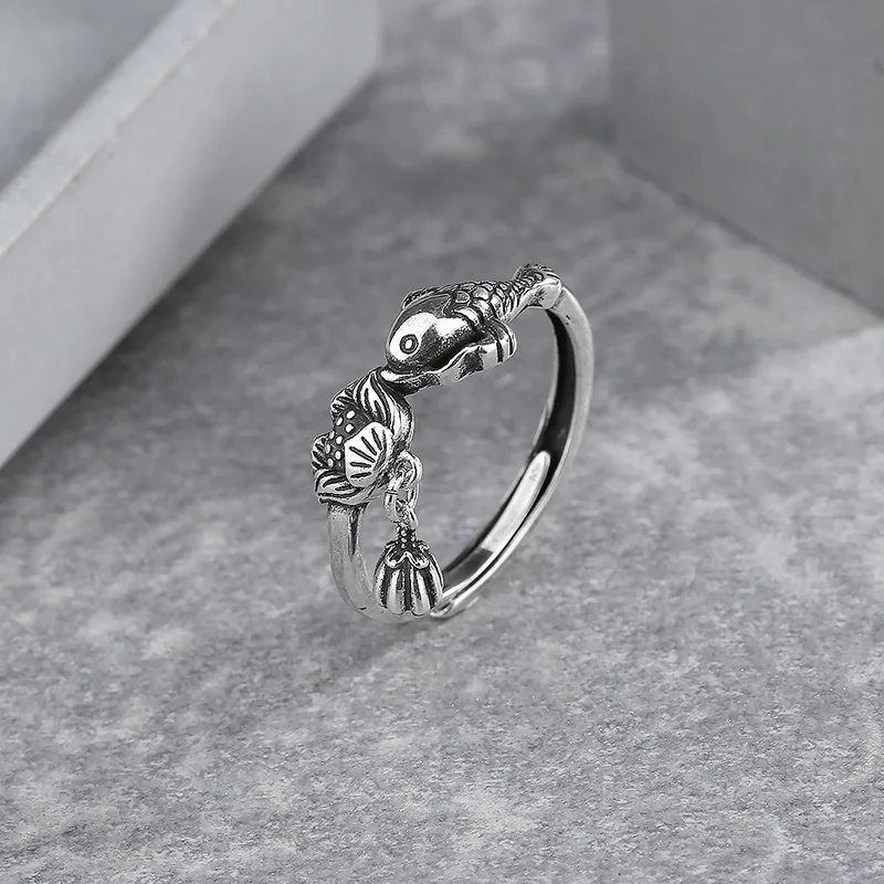 Thai Silver Koi & Lotus Open Finger Rings For Women Adjustable Fish Flower Ring China Lucky Statement Classic Retro Jewelry