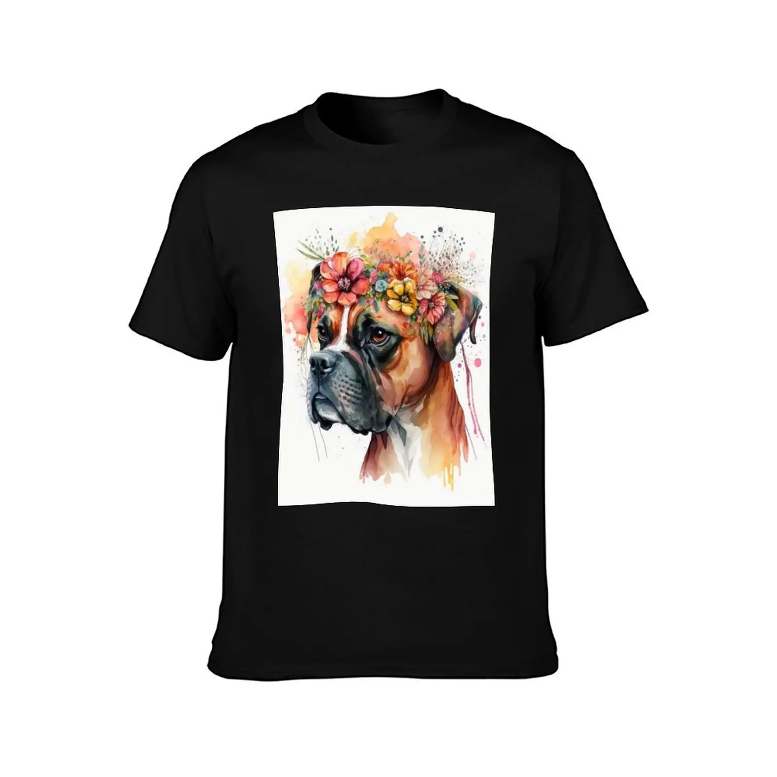 Boxer Dog in Watercolor Floral Crown Illustration T-Shirt basketball graphic tees shirts graphic tee anime figures mens clothing