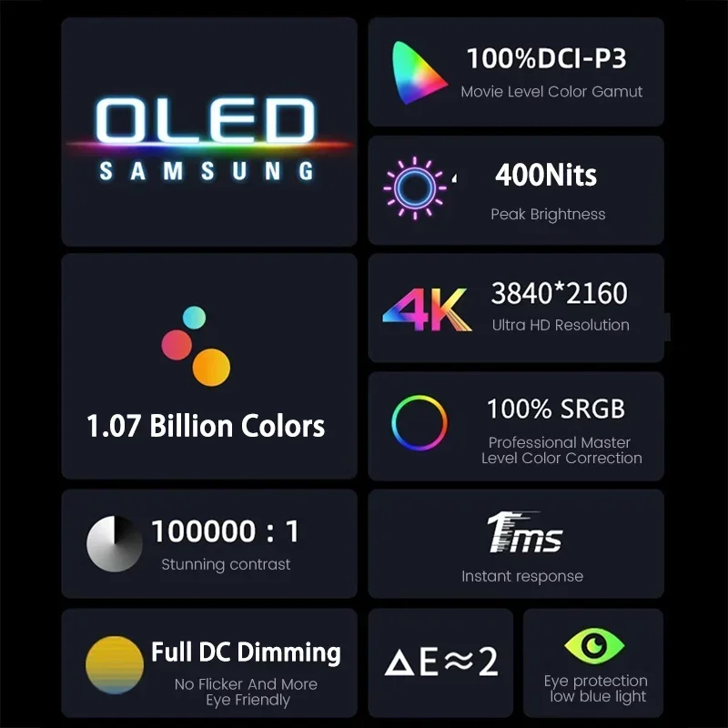 شاشة AMOLED محمولة تعمل باللمس مقاس 15.6 بوصة 4K مقاس 3840*2160P 400Nit HDR 100000 :1 شاشة عرض ألعاب 1MS للكمبيوتر المحمول والهواتف PS5 وXbox