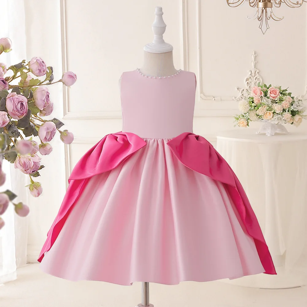 

Baby Girls' 1st Birthday Satin Gown - Sleeveless Minimalist Princess Dress with Big Bow, Puffy Skirt for Piano Competitions