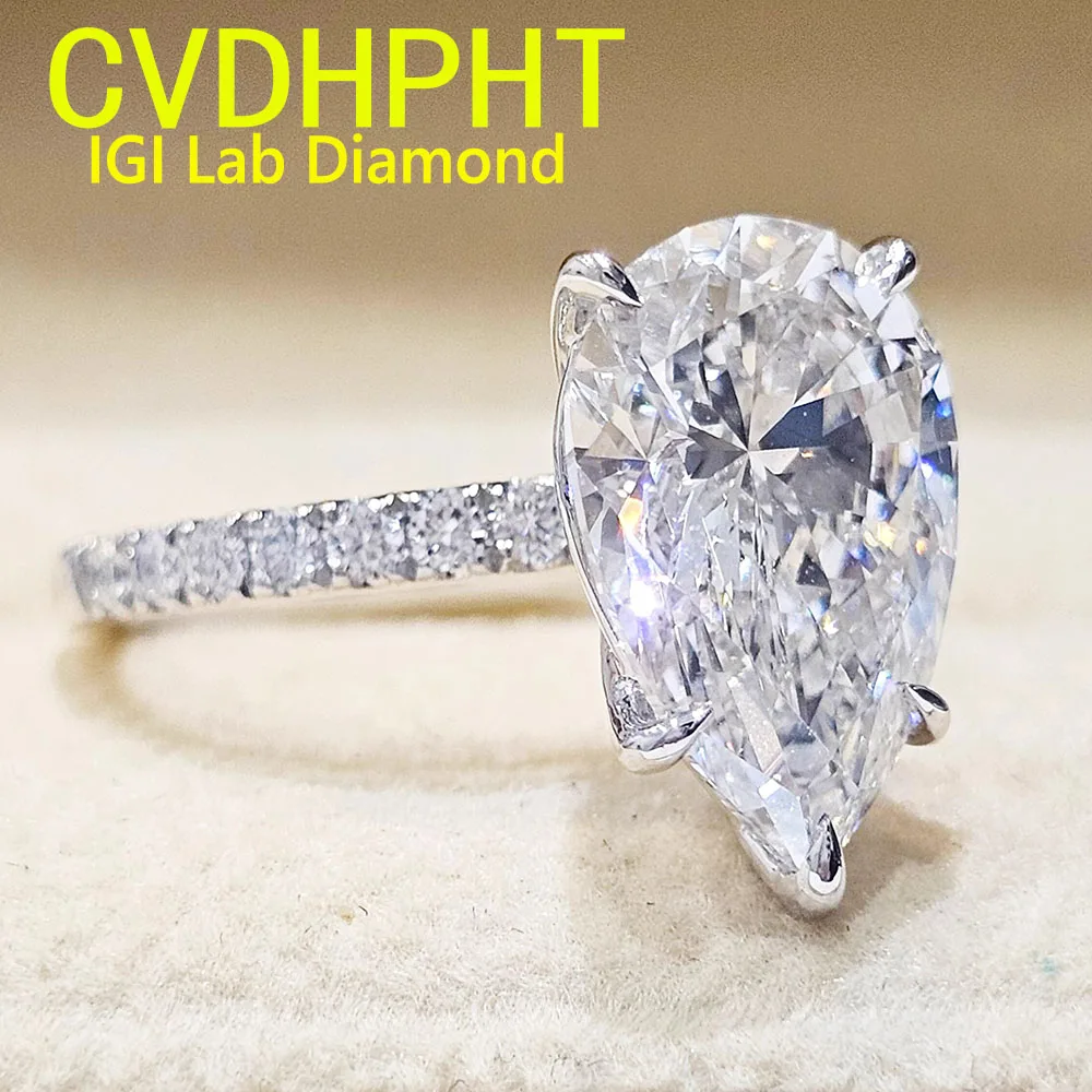 Popular  Factory 5Carat Real Solid 18K White gold Lab grown dimaond ring IGI Pear cut D color Wedding engagement ring ﻿ ﻿