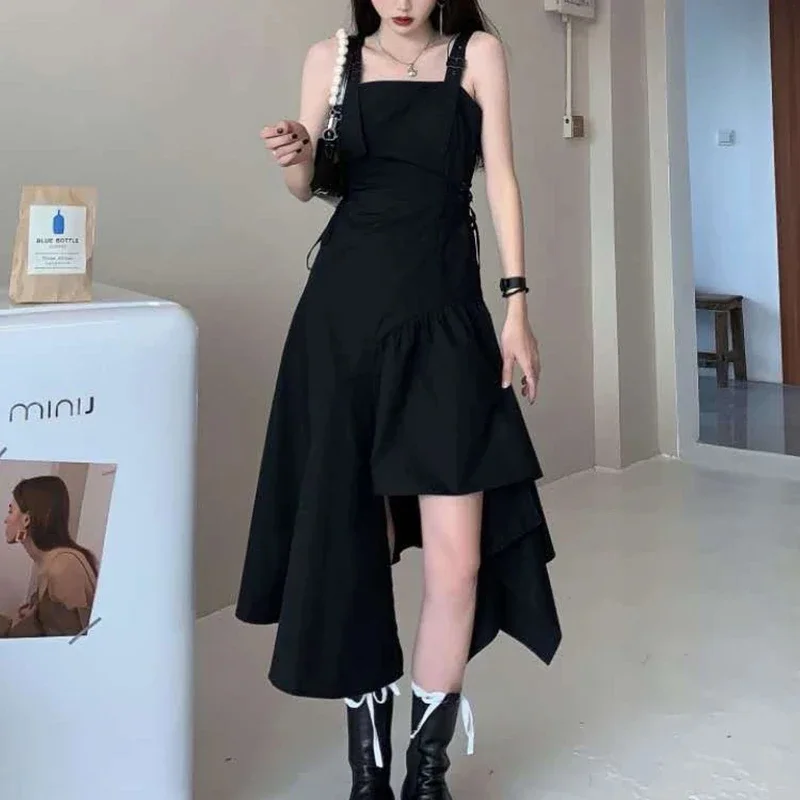 QWEEK Harajuku Black Slip Dress Korean Style 2021 Streetwear Women Summer Sundress Goth Gothic Punk Midi Dress Bandage Party