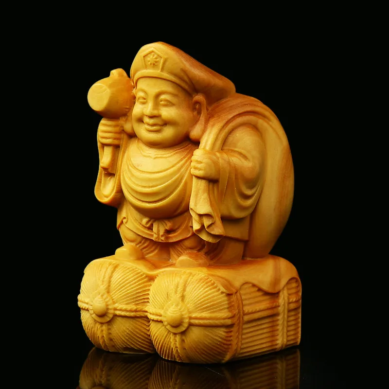 Leqing Boxwood Solid Wood Carving Craft Home Ornament Worship Small Ornaments Big Time MahāKāLa God Of Wealt Pray for peace Safe