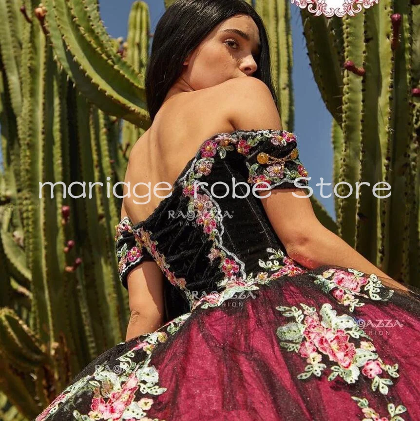 Fuchsia Charro Quinceanera Dresses Off Shoulder Floral Applique Organza Dead theme Mexican vestidos de 15 quinceañera negro