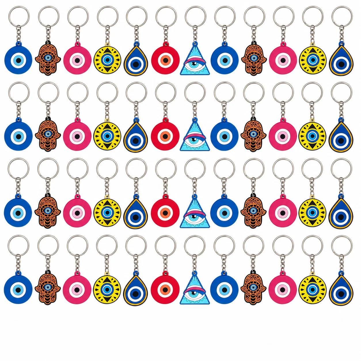50/100pcs Evil Eye Keychain Set Colorful Hamsa Hand PVC Pendant Lucky Charm Bag Accessory Bulk Gift for Friends Party Favors