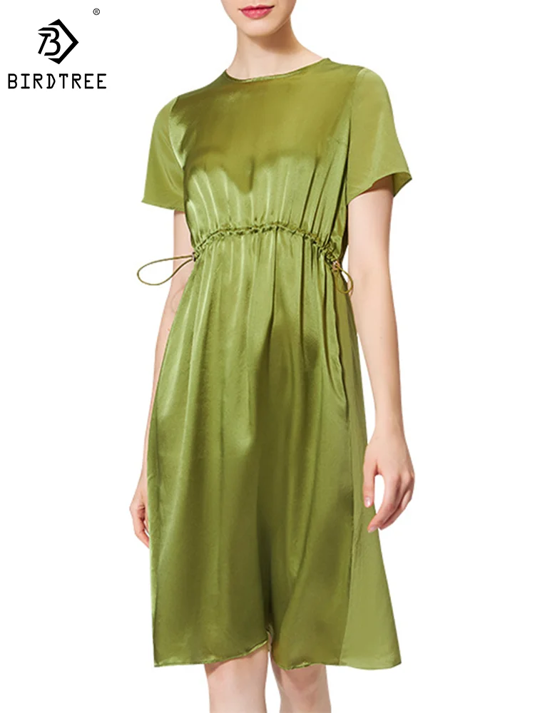 

Birdtree 100%Real Silk Crepe Elegant Party Dresses Short Sleeve O-Neck Loose Waist Holiday Dress 2023 Summer Fall New D3N256QM