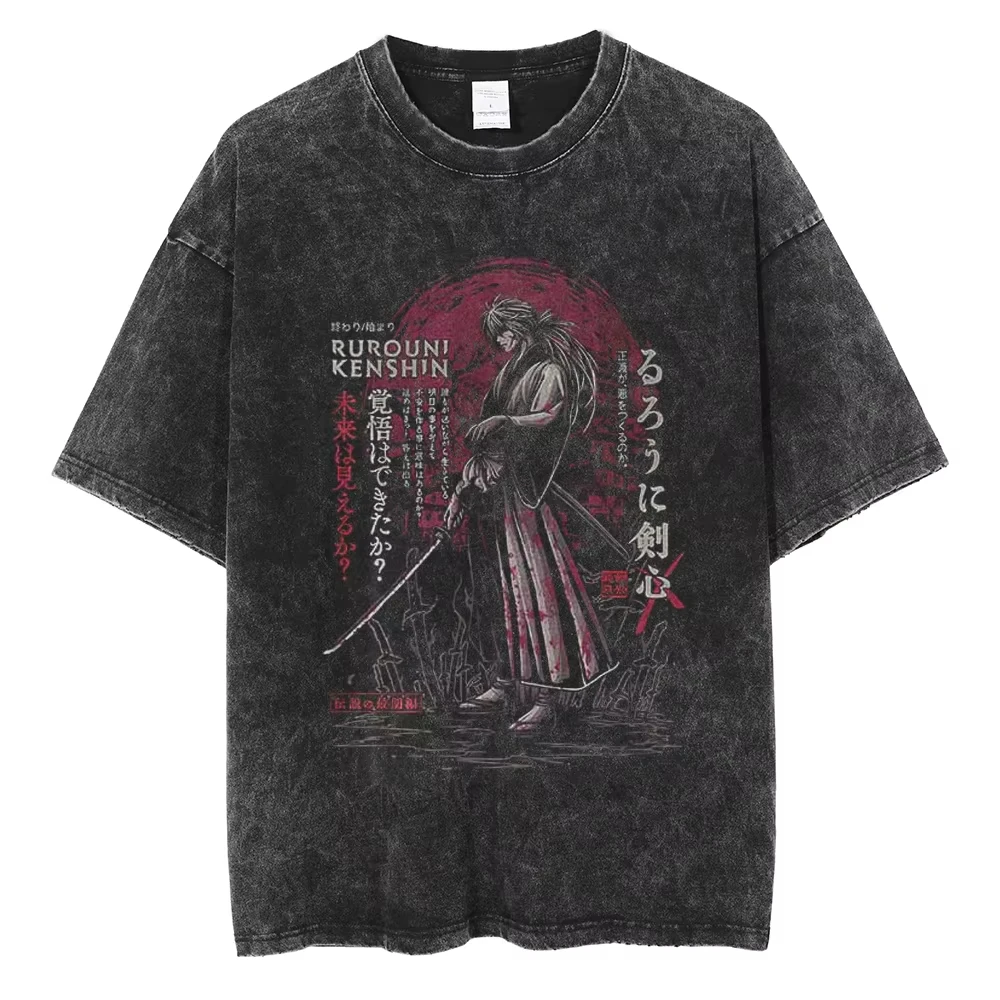 Anime Rurouni Kenshin Himura Graphic Print T-shirt Men Women Loose Casual Oversized Retro Washed O-neck Cotton Summer New Tee