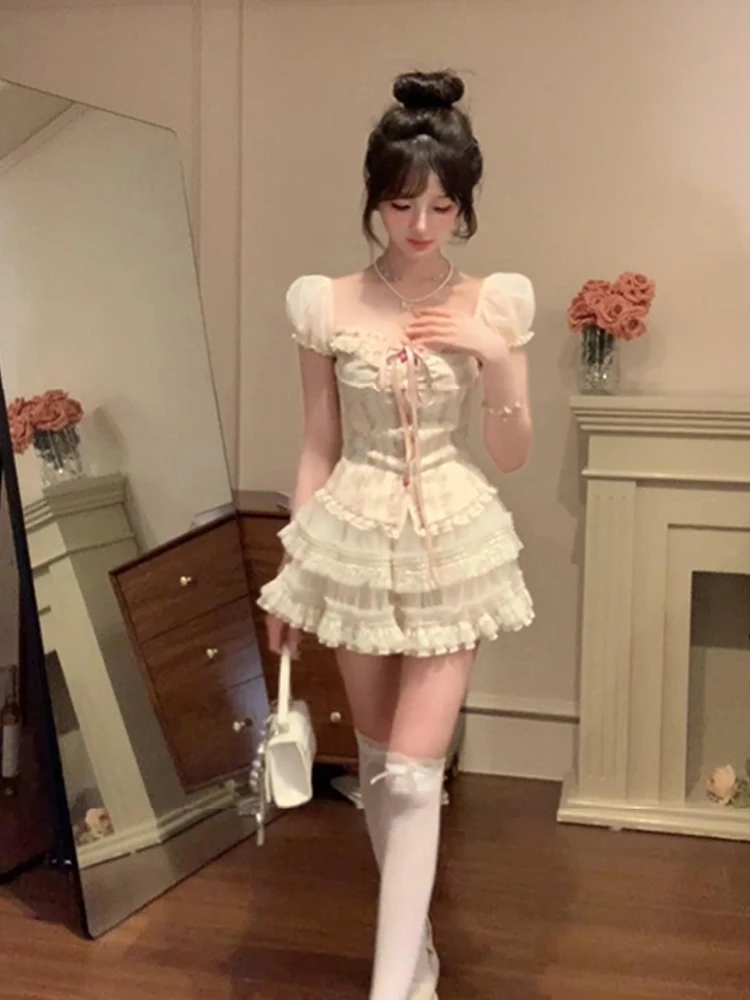 

XZY Sweet Young Looking High Waist Bubble Sleeve Square Collar Summer Cake Skirt Set for Plump Women Fashionable Commute Style