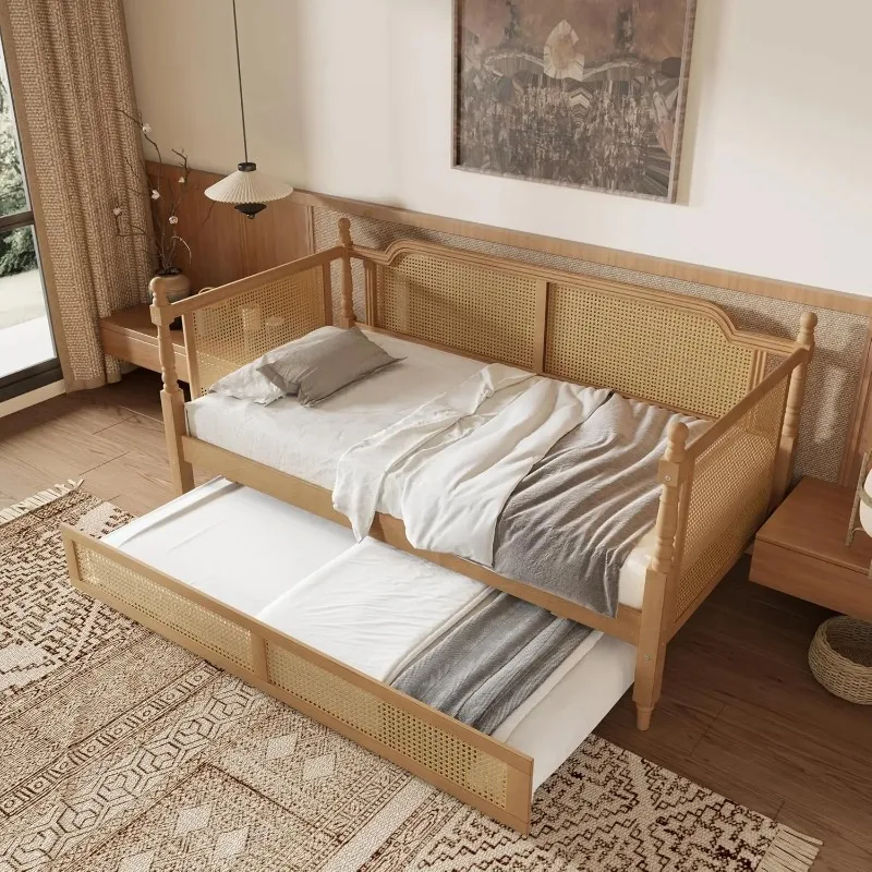 

Twin Size Rattan Daybed with Trundle for Saving Space, Twin Traditional Style DayBed Frame with Wooden Slats and, Customized