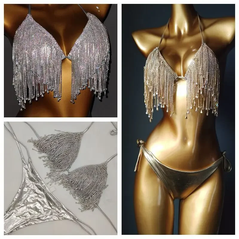 2023 New Diamond Tassel Bikini, Silver Shiny Underwear Set Nightclub Suit, Split Swimwear Two Piece Set Performance Apparel