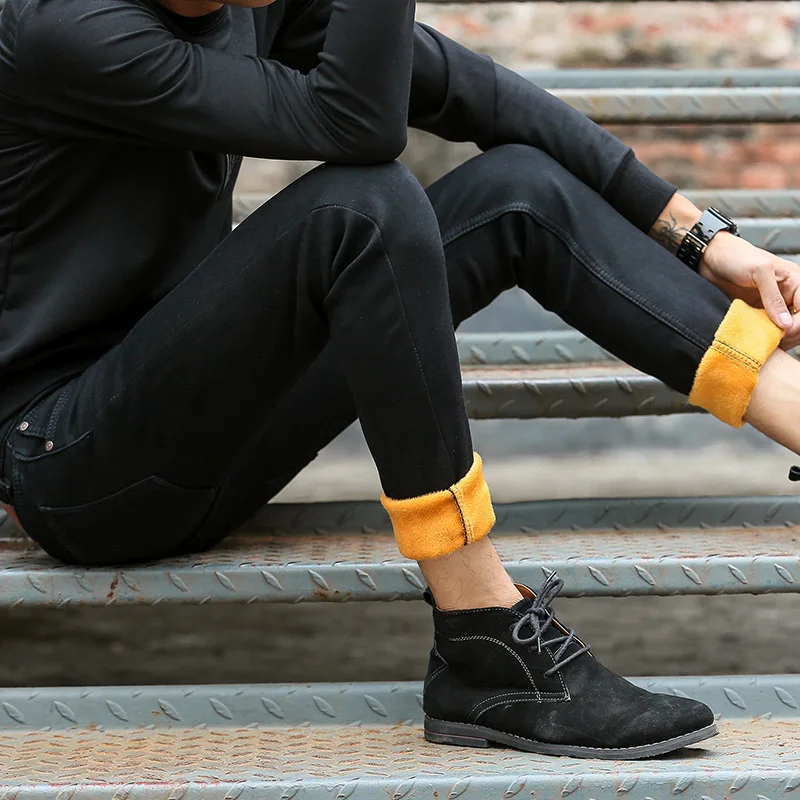 

Autumn and Winter Pure Color Simple Black Velvet Denim Slim Fit Small Foot Elastic Casual Korean Pants for Men