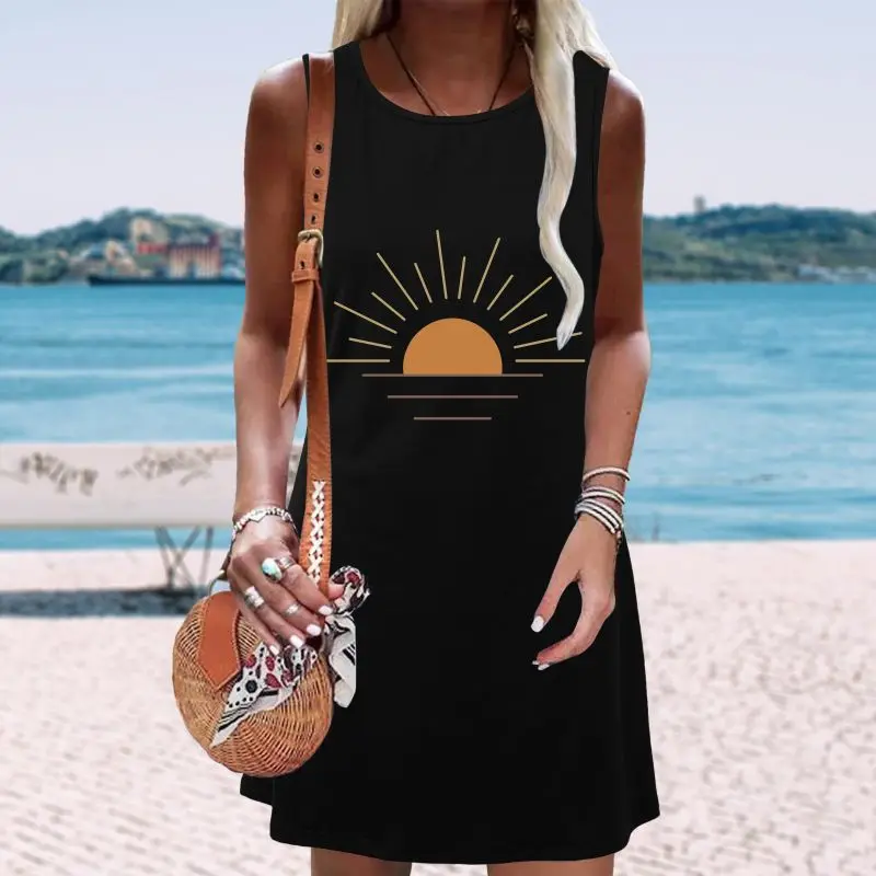 

Round Neck Pullover Sleeveless Vest Dress for Women's Fashionable New Print High Waisted Vest Retro Beach Mini Dress