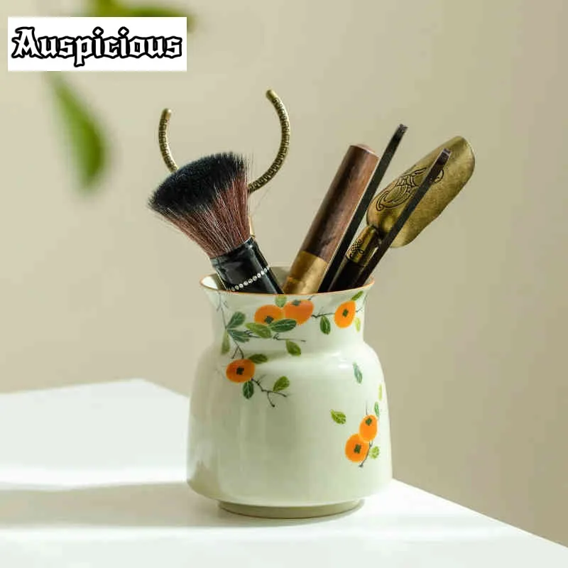 

Pure Hand-painted Persimmon Six Gentlemen Set Retro Grass Wood Ash Spoon Holder Pu'er Cutting Spoon Brush Kung Fu Tea Tools Set