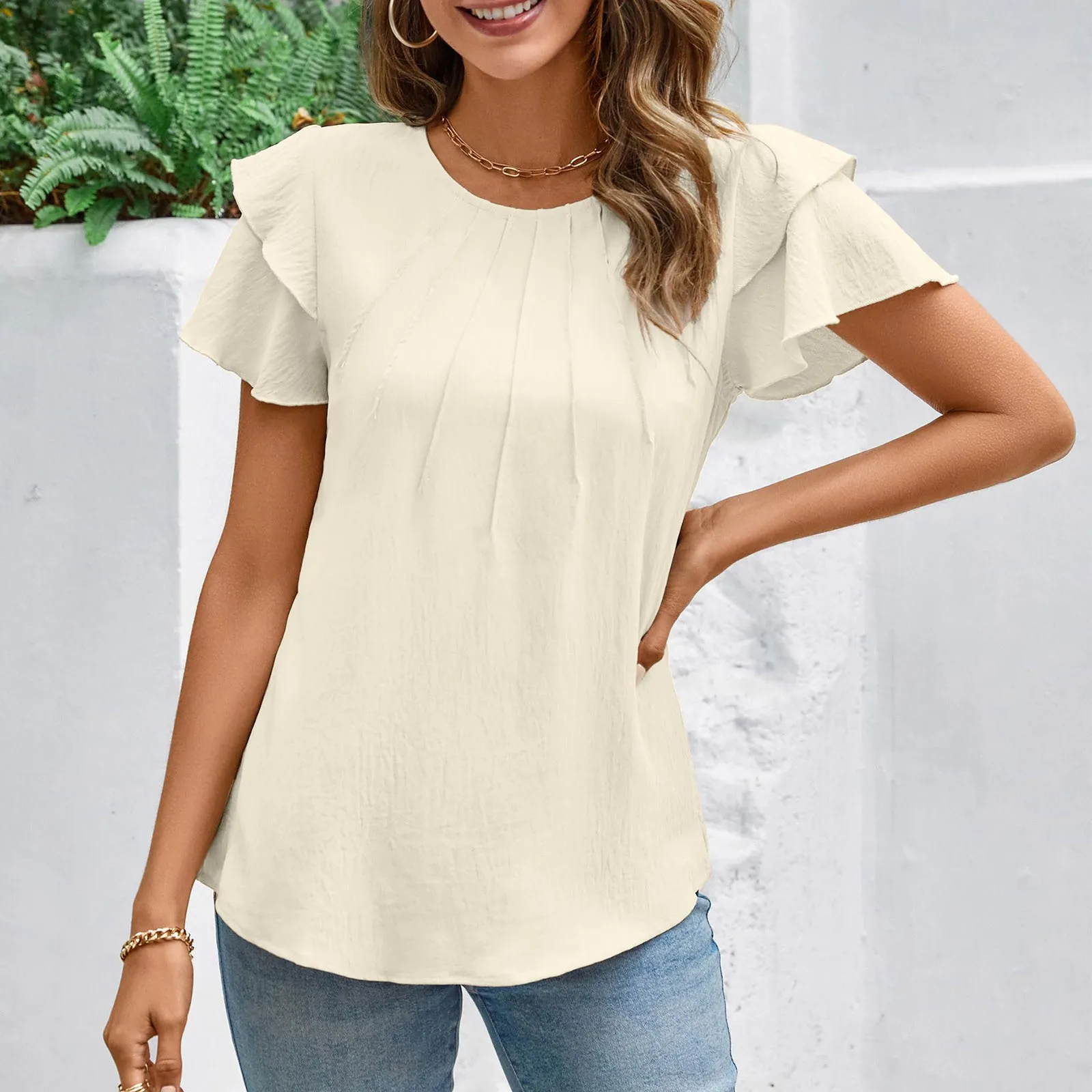 

2024 Summer New Fashion Casual Simplicity Commuter Solid Round Neck Folds Short Sleeve Pullover Chiffon Shirt Women'S Clothing