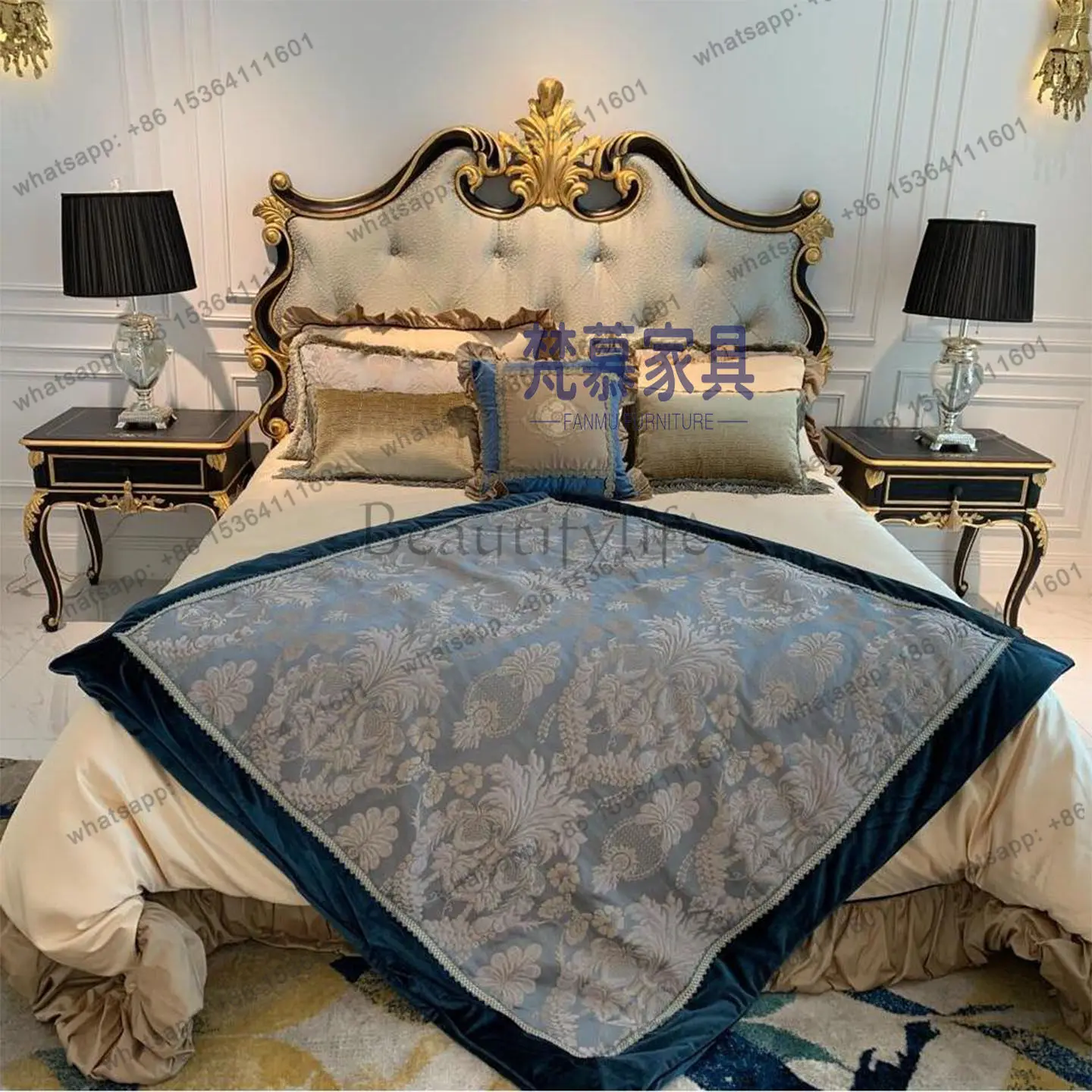 French court style solid wood double bed European luxury neoclassical master bedroom fabric bed