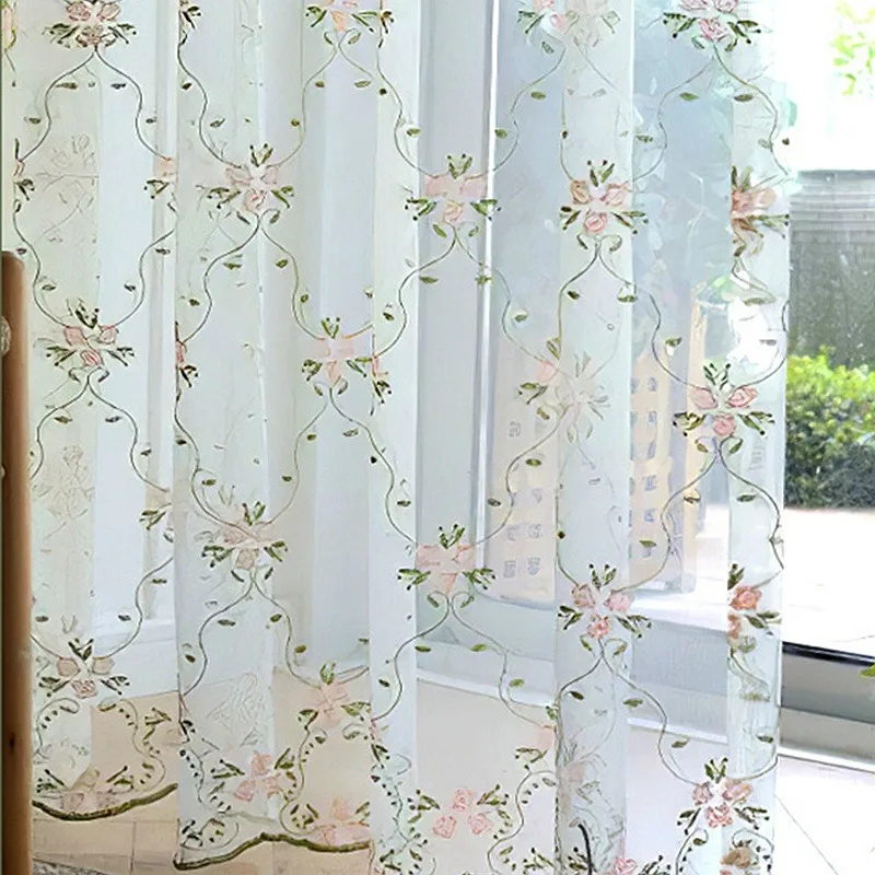 1pc Pastoral Pink Flower Embroidered Sheer Curtains for Bedroom Vintage Floral Lace Voile Drapes Window Treatment Nursery Decor