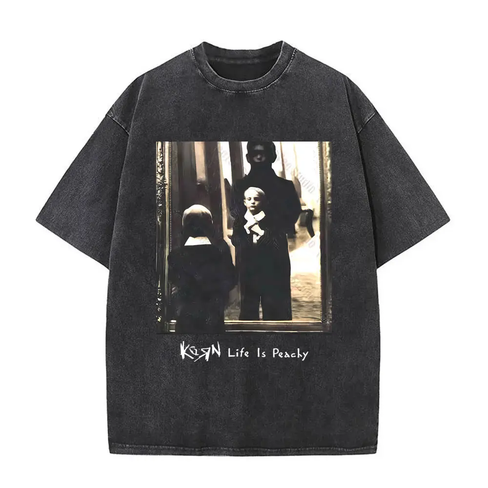 Camiseta Vintage Lavada de Doble Cara con Estampado de la Banda de Rock Korn Life Is Peachy, Camiseta Gótica Casual Extra Grande para Hombre, Camiseta Unisex de Verano