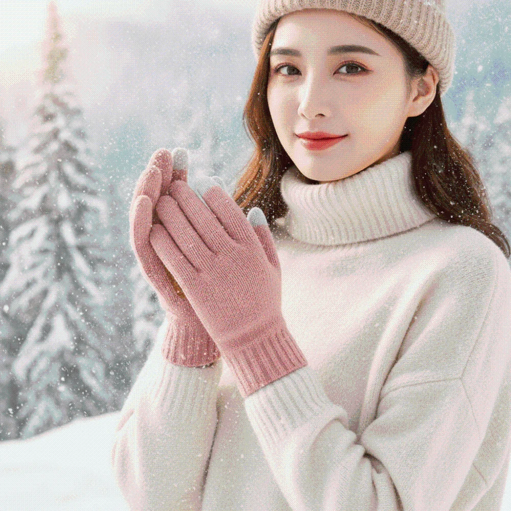 Leather Patch Touchscreen Gloves Solid Color Elastic Cuff Winter Knit Mittens Thick Lining High Quality Woolen Warm Gloves