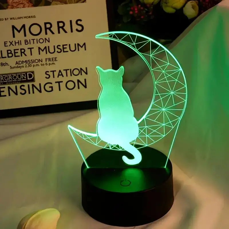 1PC Geometry Cat 3D Night Light, 3D Optical Illusion Lamp With Touch, 7-Color Changing Ambient Light For Bedroom