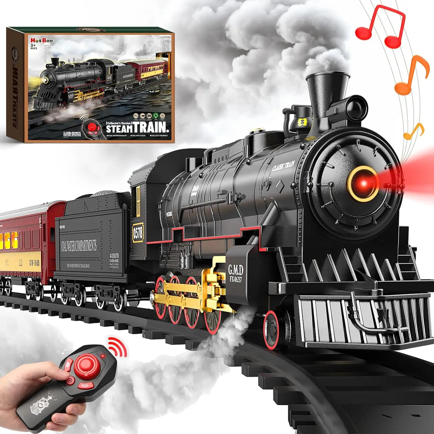 Remote Control Train Set with Steam Locomotive, Light Passenger Cars & Tracks - Christmas Toys with Smoke, Whistle & Lights, Gifts for Boys Ages 3-8+