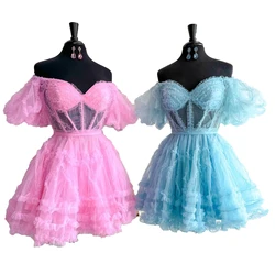 Pink Homecoming Dress 2k23 Short Hoco Ruffed Ballon Sleeves Drama Graduation Cocktail Party Wedding Guest Holiday Gown Blue