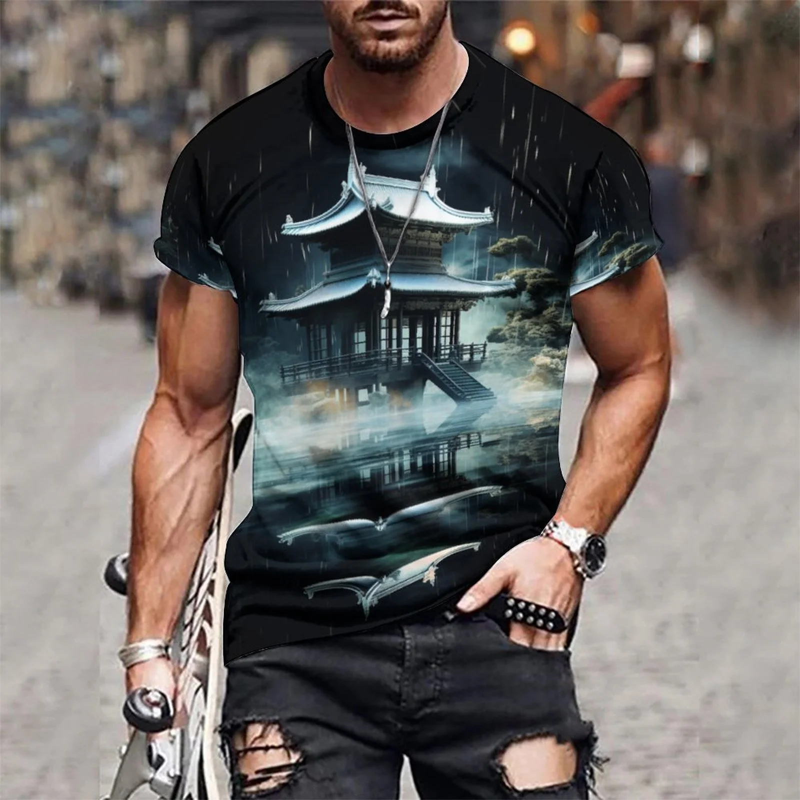 

2024 men's 3D graffiti pavilion pattern T-shirt, casual cool and slightly stretched breathable T-shirt, outdoor summer clothing