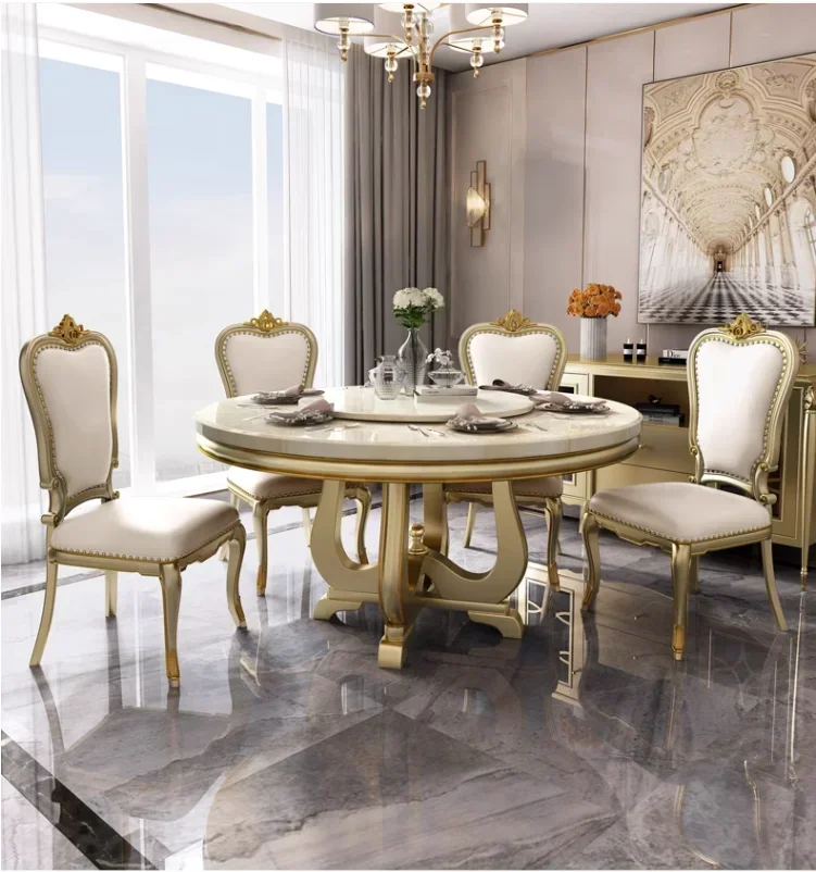 American light luxury solid wood table European marble round table luxury villa dining table and chair combination