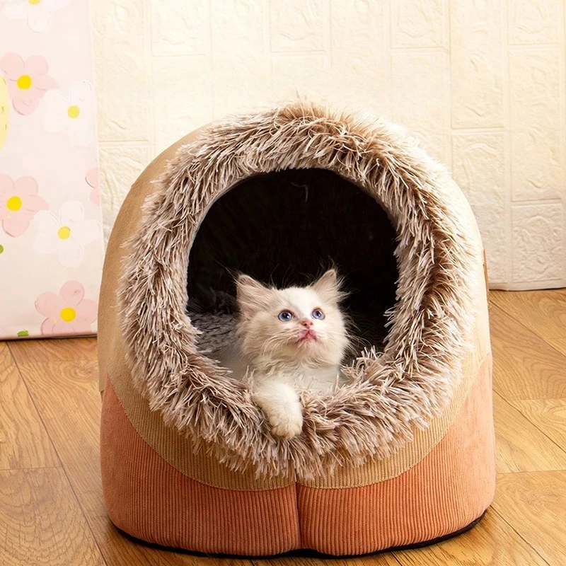 Soft Pet Bed Self Warming Plush Stylish Design Cat Puppy Soft Kennel with Non Slip Bottom for Small Medium Cats Dogs Deep Sleep