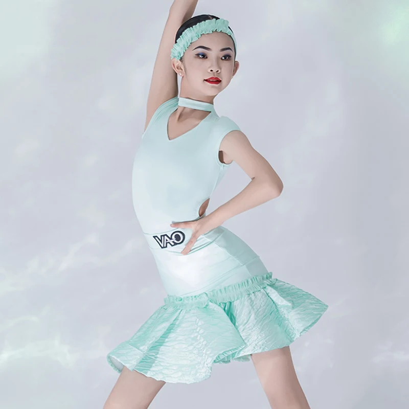 

Детское платье для латинских танцев 2025 года, летняя тренировочная одежда для девочек, топы, юбка, мятно-зеленый костюм, танцевальный костюм для ча-ча-румбы, самбы, BL15036