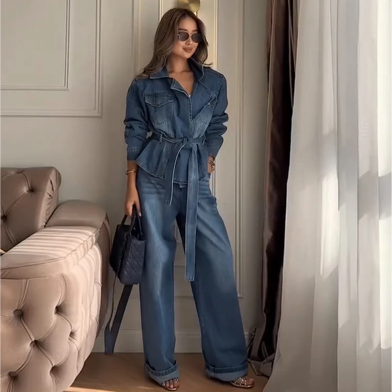 Revers-Taillenbetonende Schnür-Jeansjacken-Hosen-Sets für Damen, Street-Style, Langarm-Slim-Jacken, Weitbein-Hosen, Schicke Damen-Outfits – Detail 5