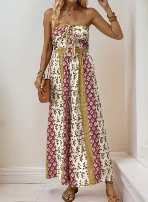 

New Sleeveless Strapless Geometric Printed Wide-Leg Jumpsuit for Women Trendy Tie-Front Jumpsuit