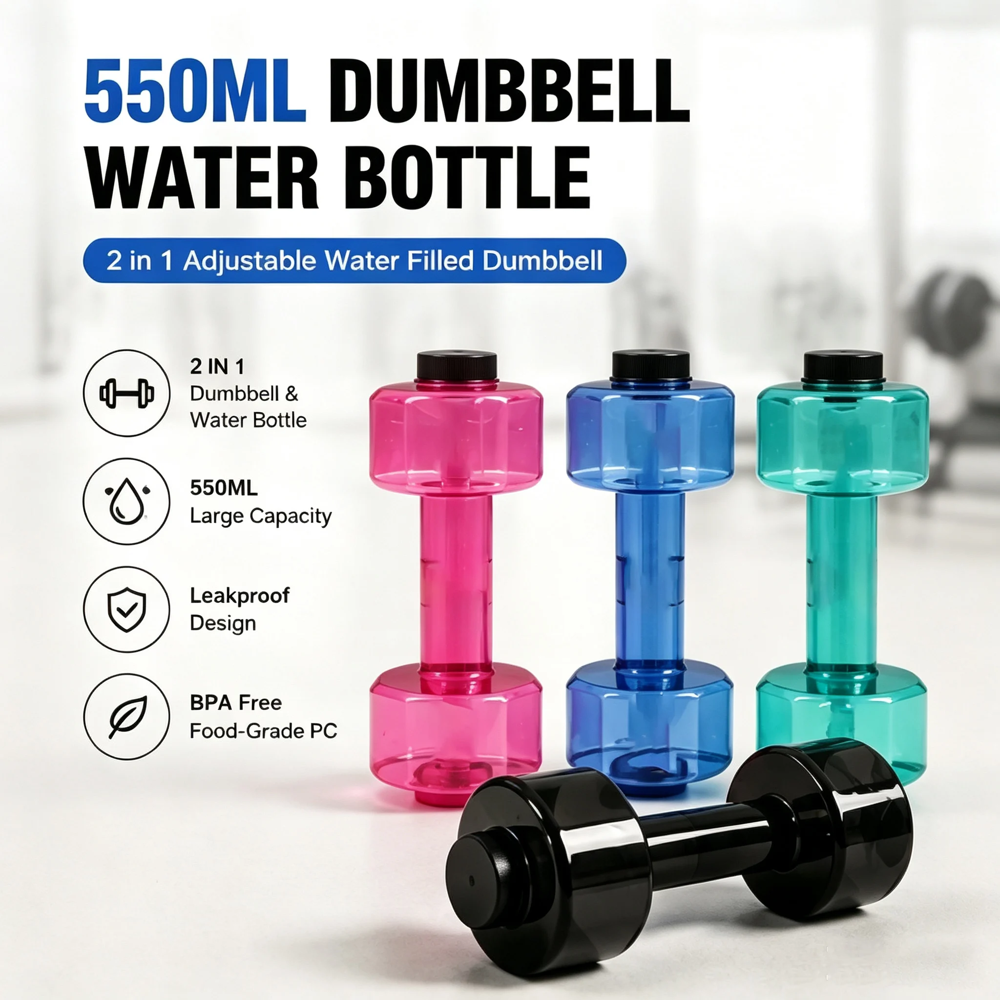 550ml Dumbbell Water Bottle 2 in 1 Adjustable Water Filled Dumbbell Portable Leakproof Workout  Weight Bottle for Gym Office
