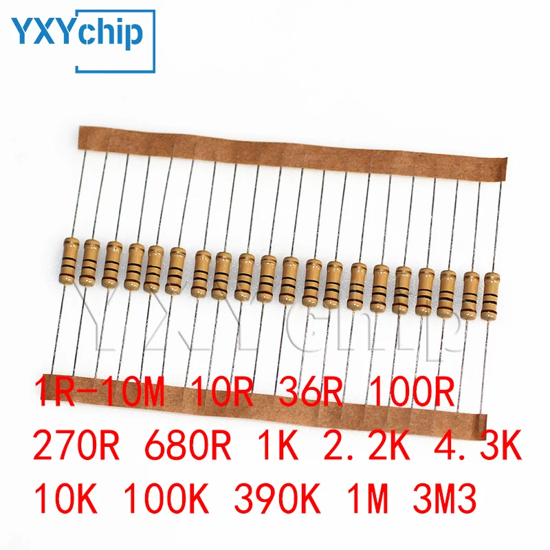 

1000 шт. 1/6 Вт 1/8 Вт карбоновые пленочные резисторы 0,125 Вт 5% 1R-10M 10R 36R 100R 270K 680K 2.2K4.3K 100K390K 1M5M 6 Ом Сопротивление цветного кольца