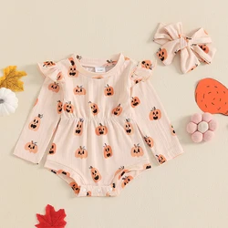 VISgogo 0-18 Months Baby Girl Halloween Outfit Pumpkin Print Ruffle Long Sleeve Romper Tie Headband 2 Piece Set for Fall