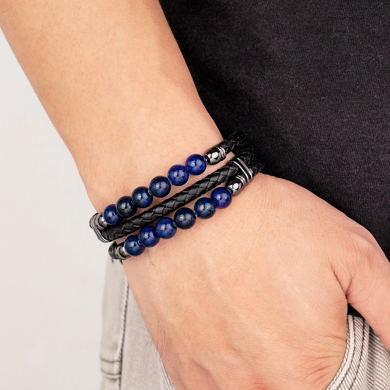 High Quality Natural Round Lava Stone Charm Bracelet For Man Retro Multilayer Leather Bangles Tiger Eye Jewelry Bracelet Homme