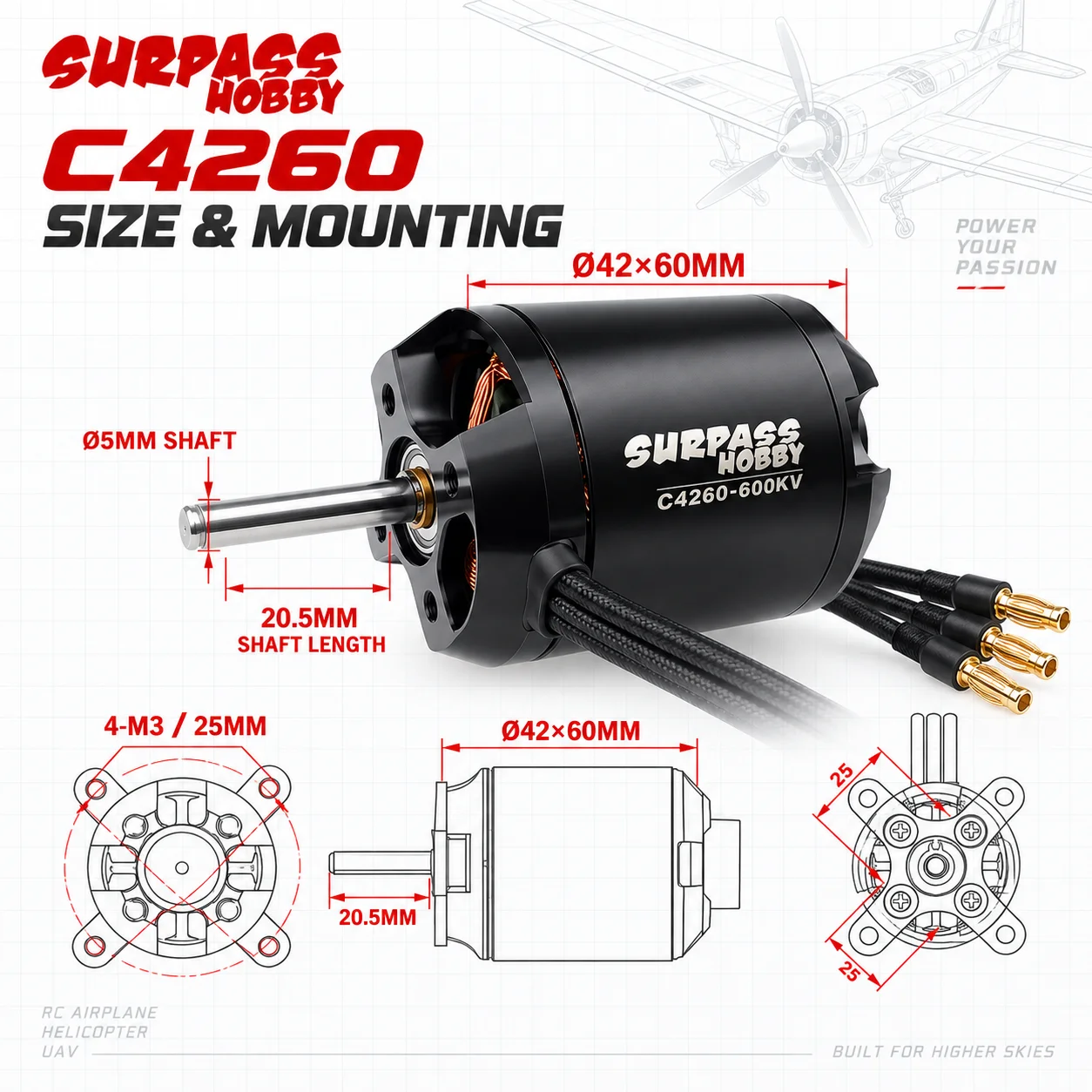 Surpass Hobby C4260 600KV 1500W 75A 14-Pole Outrunner Brushless Motor for RC Airplane Fixed Wing Helicopter Multicopter UAV