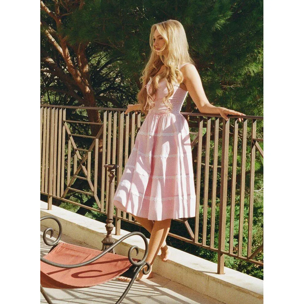 

Pink Prom Party Dresses High Quality Tea Length Banquet Celebrity A Line Sleeveless Tiered Sweatheart Pleat Female Gowns Simple