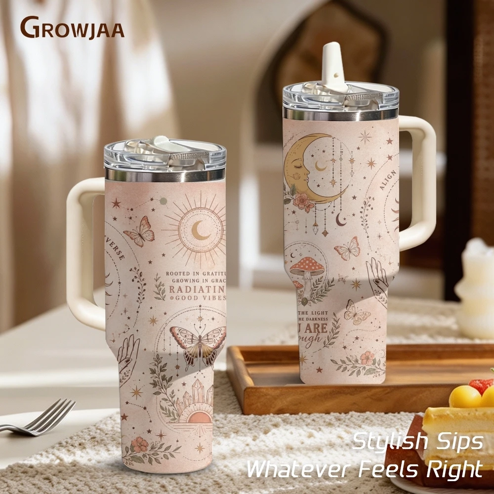 Bloom With Grace Boho Vacuum Flasks 40oz 3rd Gen Vacuum Insulated Stainless Steel Tumbler Cup with Handle Straw Lid for Gifts
